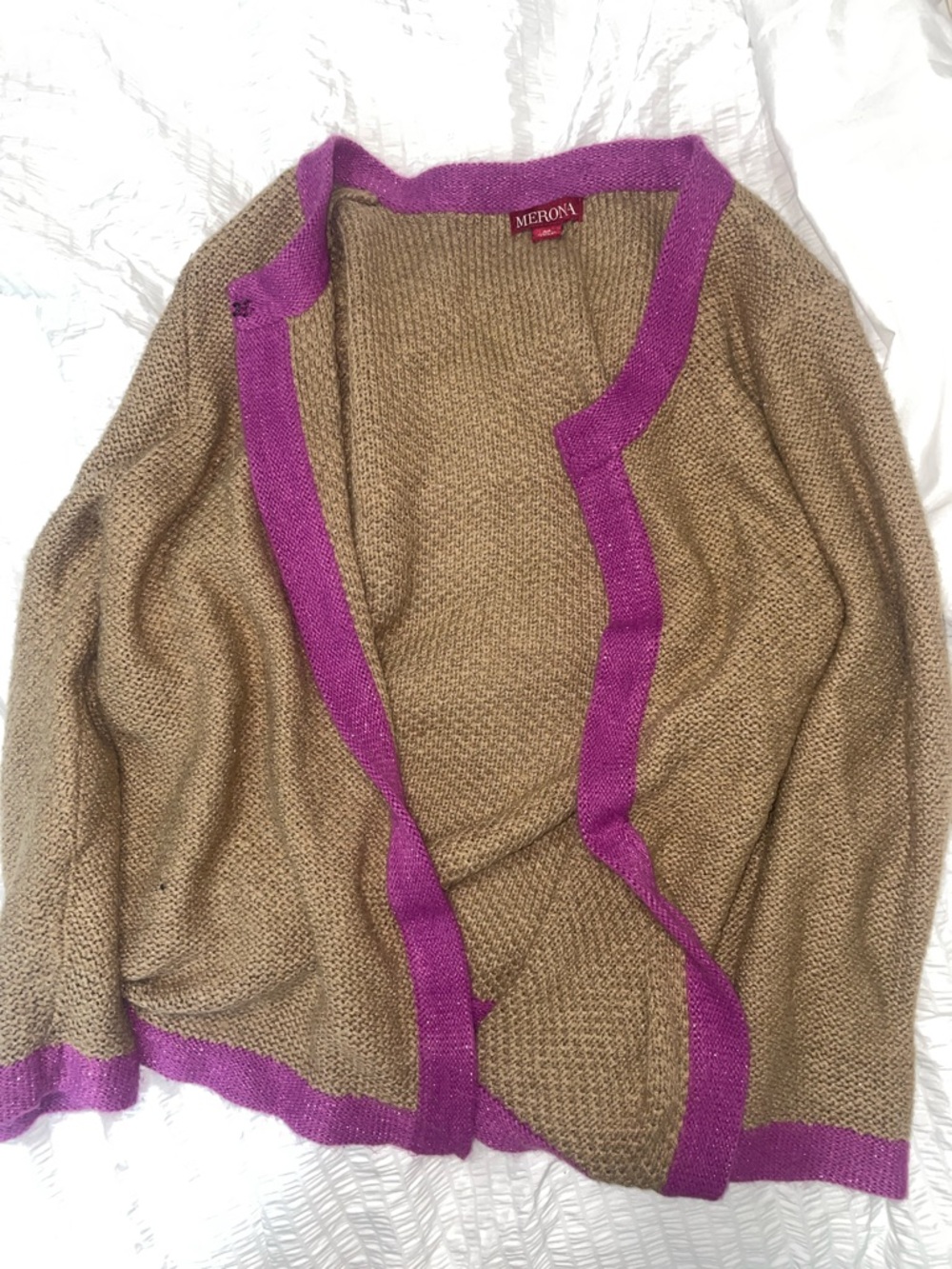 Merona Tan Cardigan with Bright Purple Trim